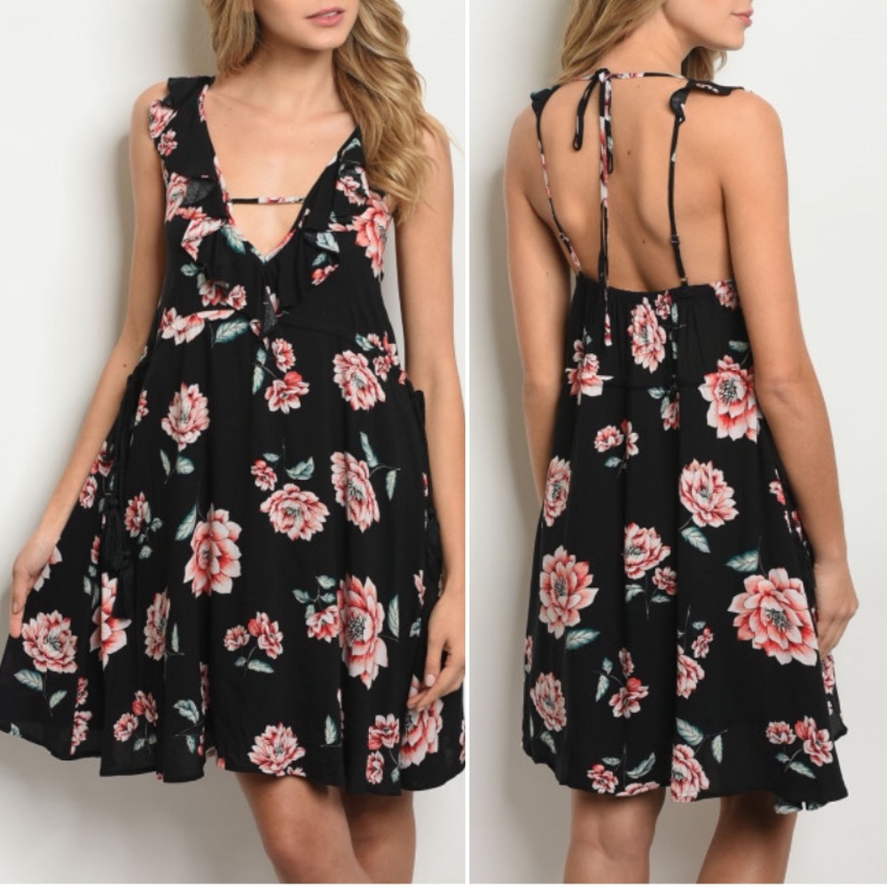 GIRLY & FLIRTY LITTLE BLACK FLORAL DRESS
